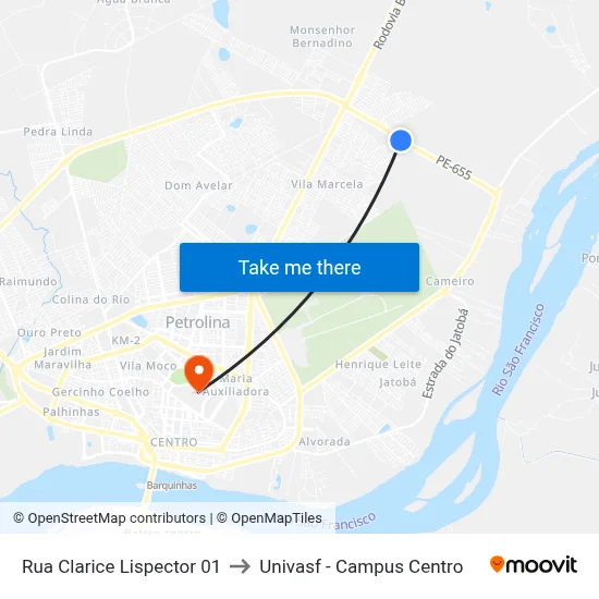 Rua Clarice Lispector 01 to Univasf - Campus Centro map