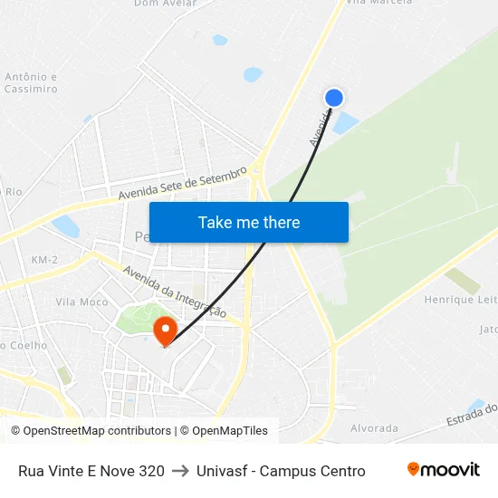 Rua Vinte E Nove 320 to Univasf - Campus Centro map