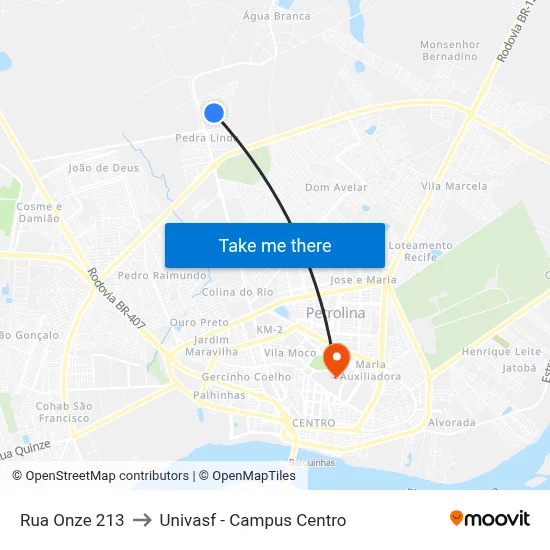 Rua Onze 213 to Univasf - Campus Centro map