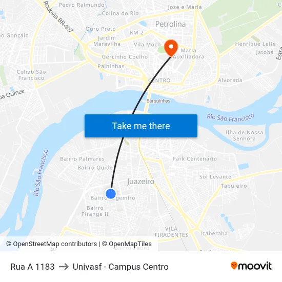 Rua A 1183 to Univasf - Campus Centro map