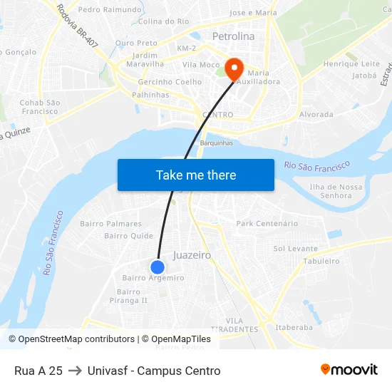 Rua A 25 to Univasf - Campus Centro map
