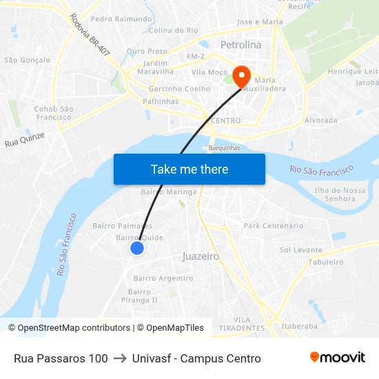 Rua Passaros 100 to Univasf - Campus Centro map