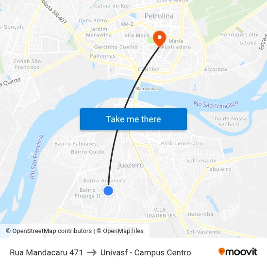 Rua Mandacaru 471 to Univasf - Campus Centro map