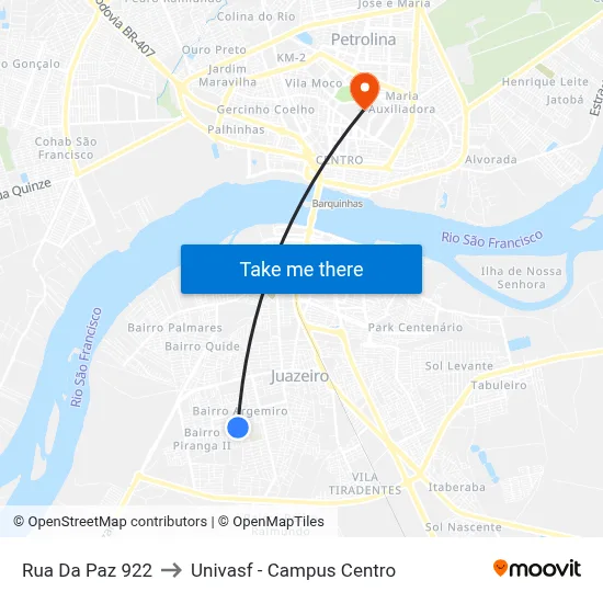 Rua Da Paz 922 to Univasf - Campus Centro map