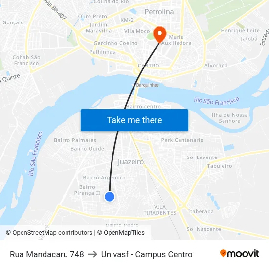 Rua Mandacaru 748 to Univasf - Campus Centro map