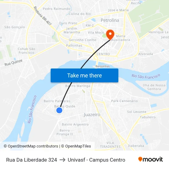 Rua Da Liberdade 324 to Univasf - Campus Centro map