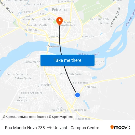 Rua Mundo Novo 738 to Univasf - Campus Centro map