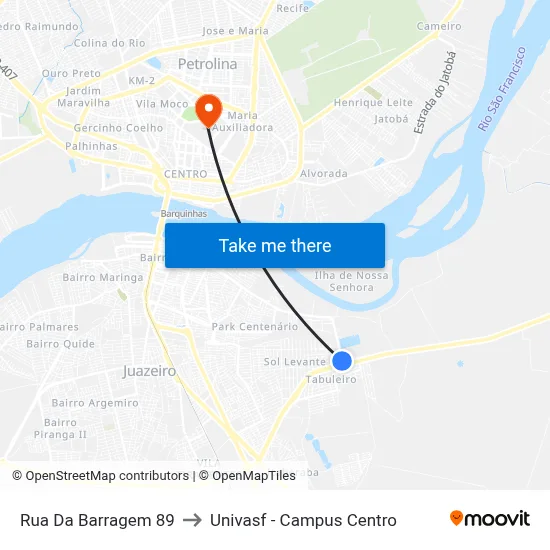 Rua Da Barragem 89 to Univasf - Campus Centro map