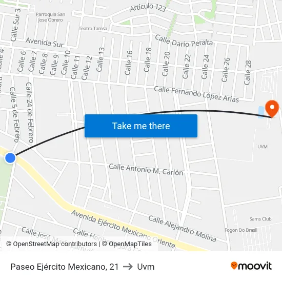 Paseo Ejército Mexicano, 21 to Uvm map