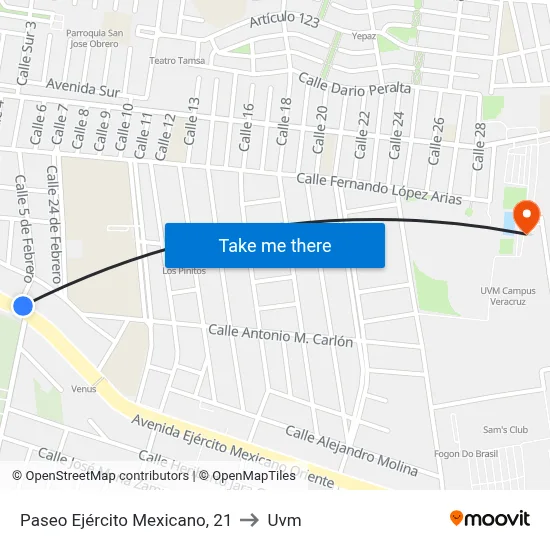 Paseo Ejército Mexicano, 21 to Uvm map