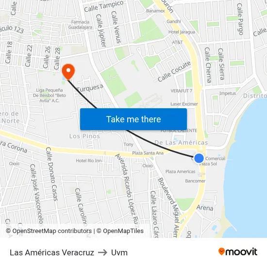 Las Américas Veracruz to Uvm map
