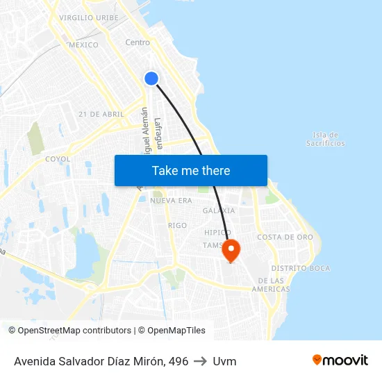 Avenida Salvador Díaz Mirón, 496 to Uvm map