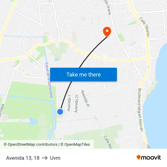 Avenida 13, 18 to Uvm map