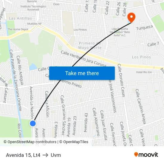 Avenida 15, Lt4 to Uvm map