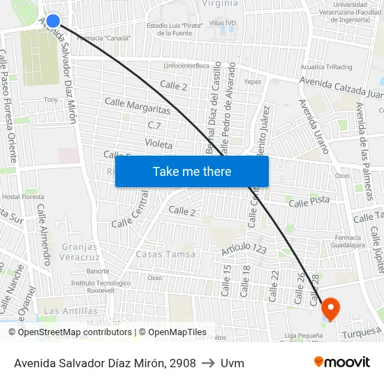 Avenida Salvador Díaz Mirón, 2908 to Uvm map