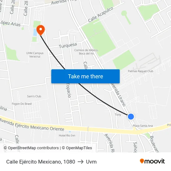 Calle Ejército Mexicano, 1080 to Uvm map