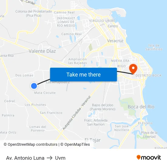 Av. Antonio Luna to Uvm map