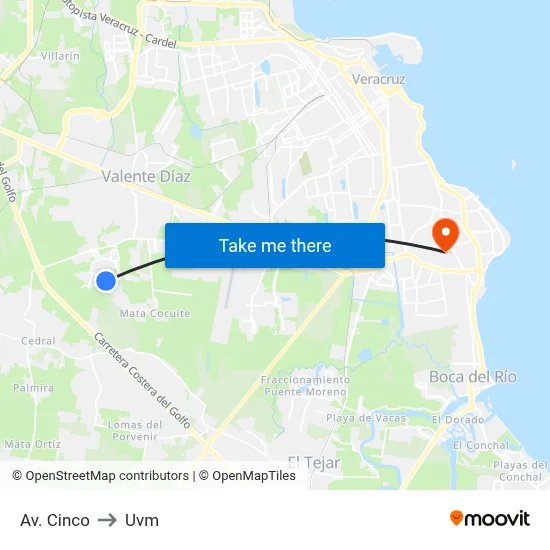 Av. Cinco to Uvm map