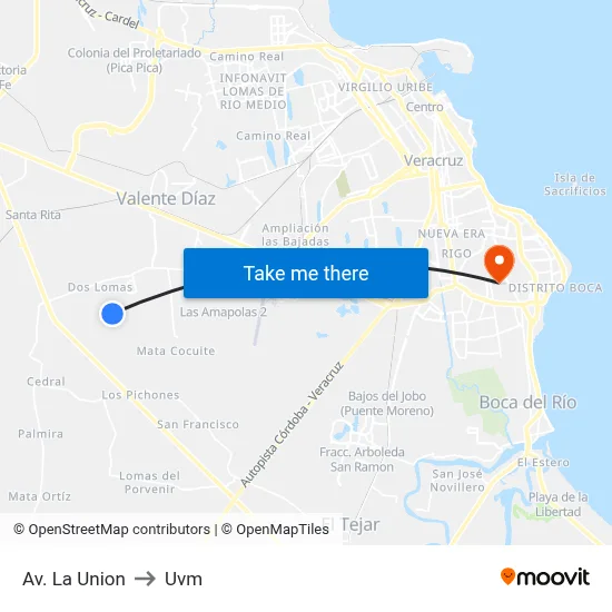 Av. La Union to Uvm map