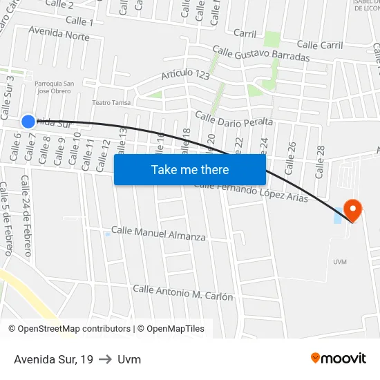 Avenida Sur, 19 to Uvm map