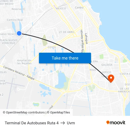 Terminal De Autobuses Ruta 4 to Uvm map