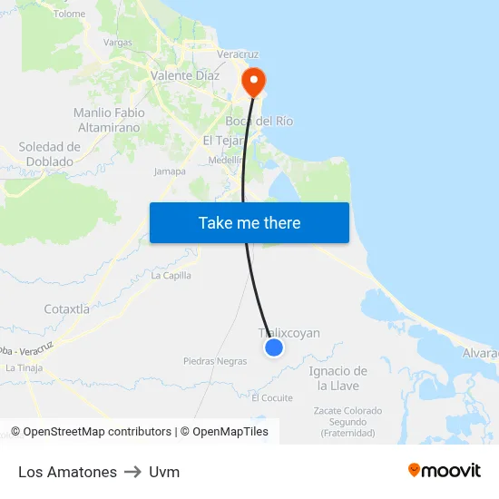Los Amatones to Uvm map