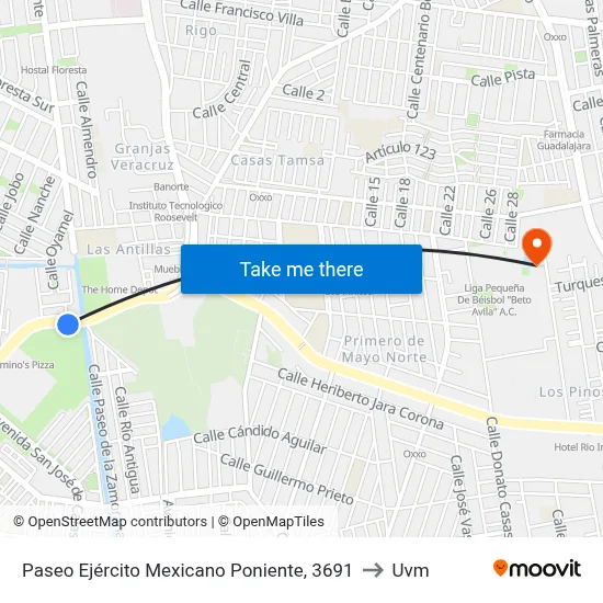 Paseo Ejército Mexicano Poniente, 3691 to Uvm map