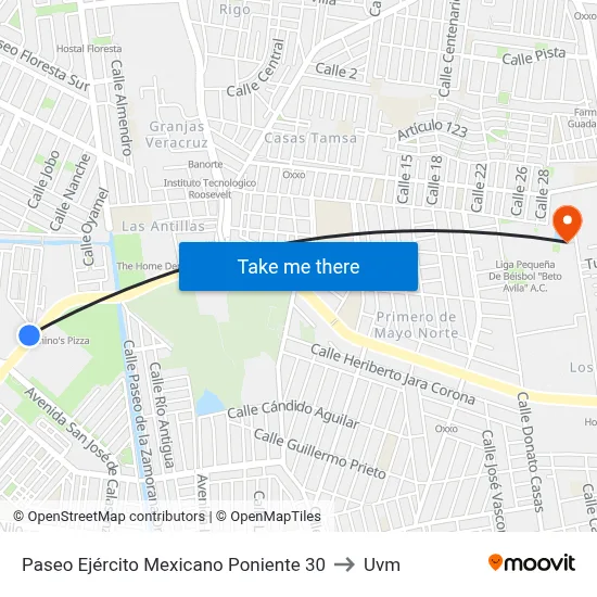 Paseo Ejército Mexicano Poniente 30 to Uvm map