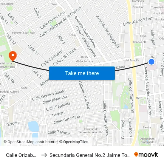 Calle Orizaba, 734 to Secundaria General No.2 Jaime Torres Bodet map