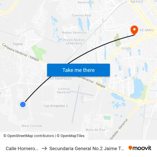 Calle Horneros, 237 to Secundaria General No.2 Jaime Torres Bodet map