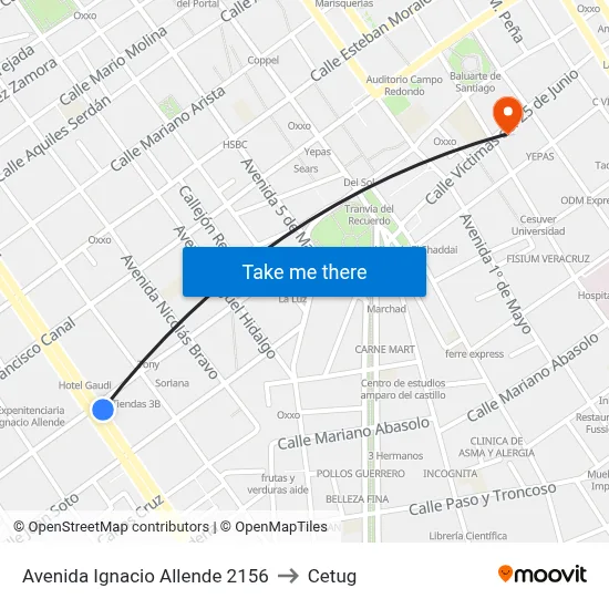 Avenida Ignacio Allende 2156 to Cetug map