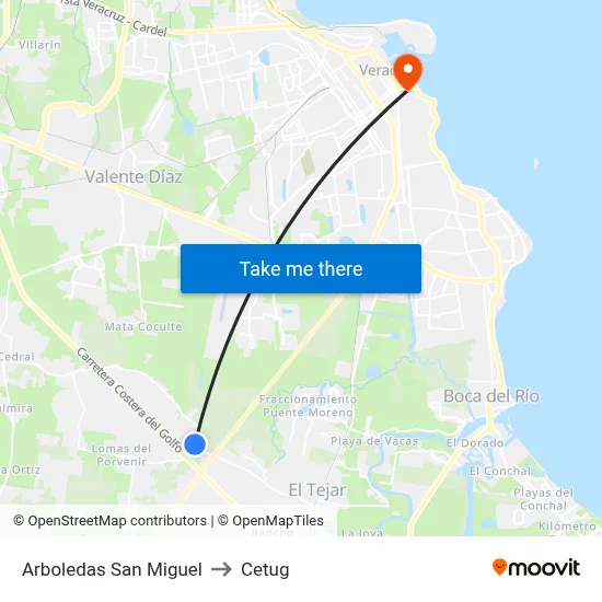 Arboledas San Miguel to Cetug map