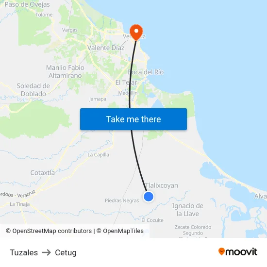 Tuzales to Cetug map