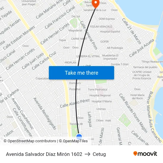 Avenida Salvador Díaz Mirón 1602 to Cetug map