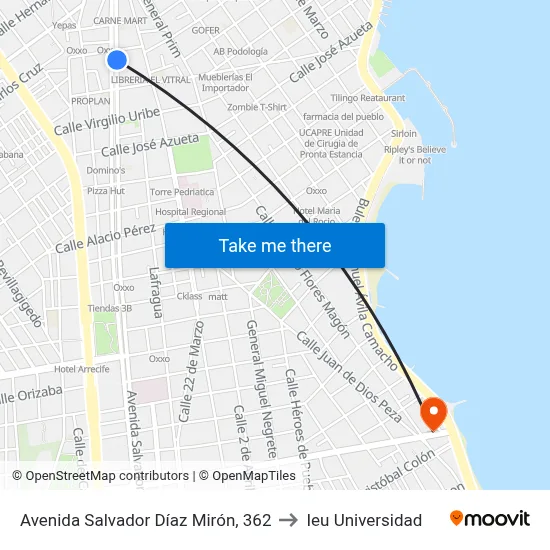 Avenida Salvador Díaz Mirón, 362 to Ieu Universidad map
