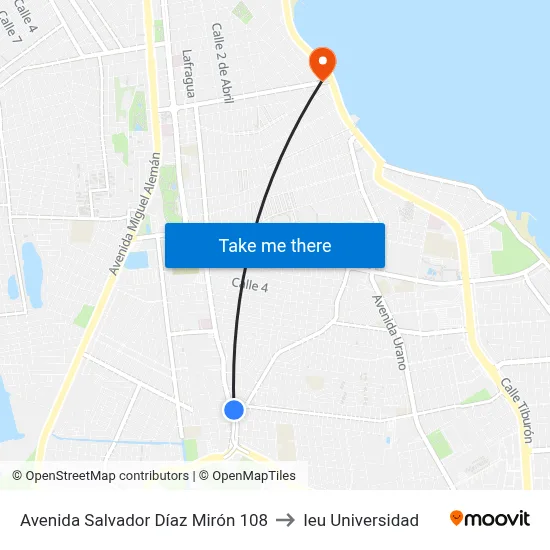 Avenida Salvador Díaz Mirón 108 to Ieu Universidad map