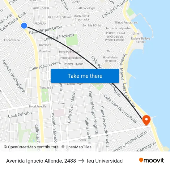 Avenida Ignacio Allende, 2488 to Ieu Universidad map
