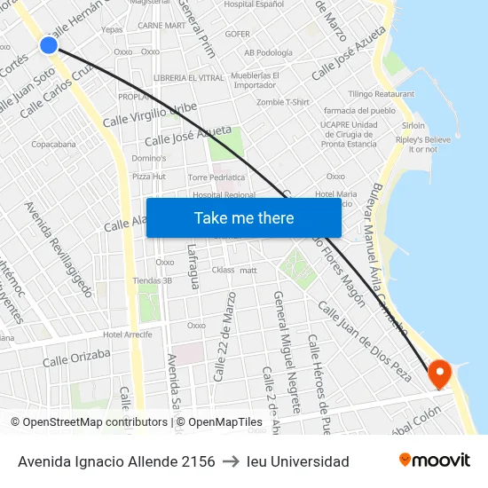 Avenida Ignacio Allende 2156 to Ieu Universidad map