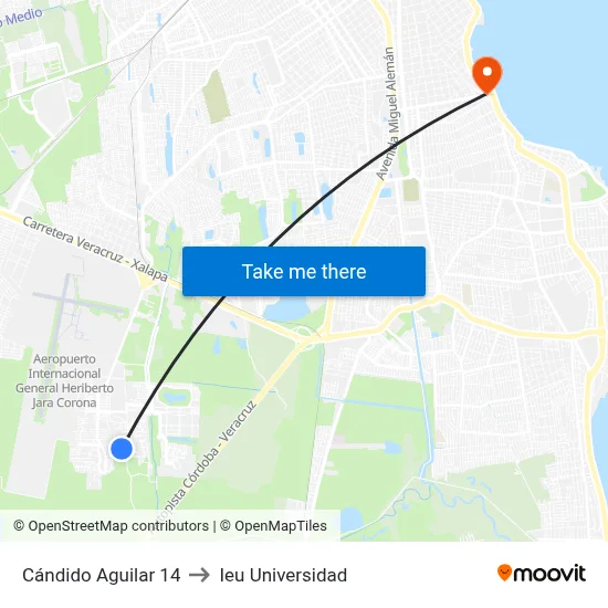 Cándido Aguilar 14 to Ieu Universidad map