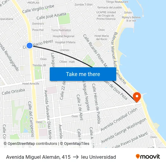 Avenida Miguel Alemán, 415 to Ieu Universidad map