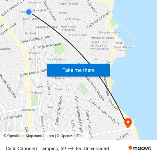 Calle Cañonero Tampico, 69 to Ieu Universidad map