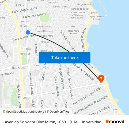 Avenida Salvador Díaz Mirón, 1060 to Ieu Universidad map