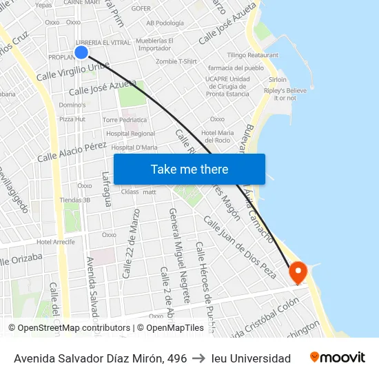 Avenida Salvador Díaz Mirón, 496 to Ieu Universidad map