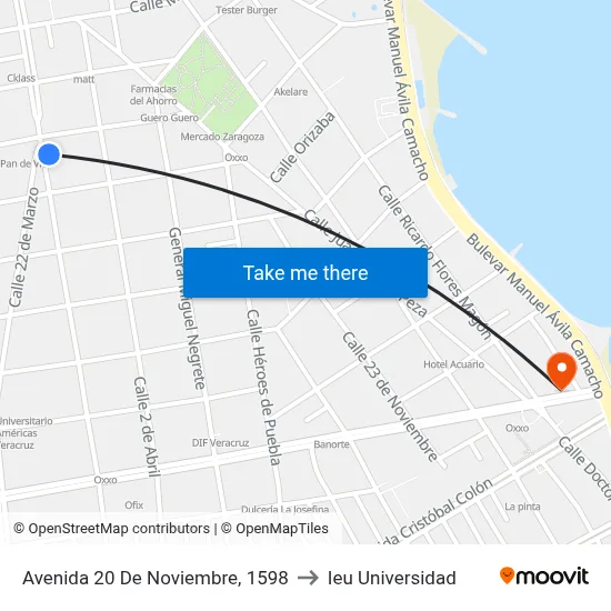 Avenida 20 De Noviembre, 1598 to Ieu Universidad map