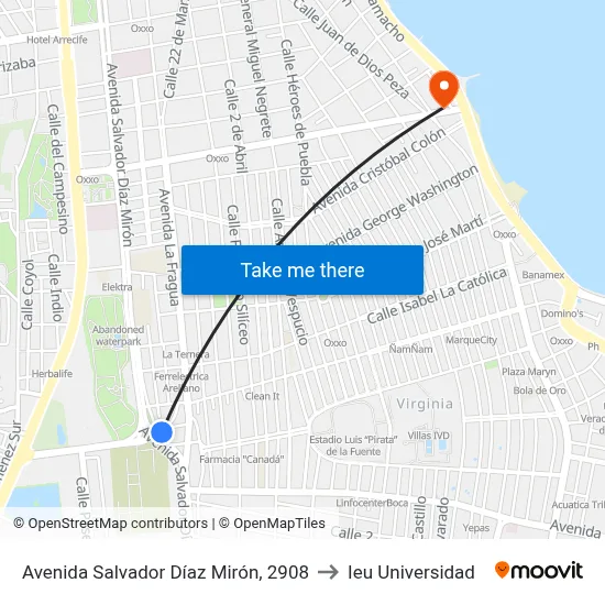 Avenida Salvador Díaz Mirón, 2908 to Ieu Universidad map