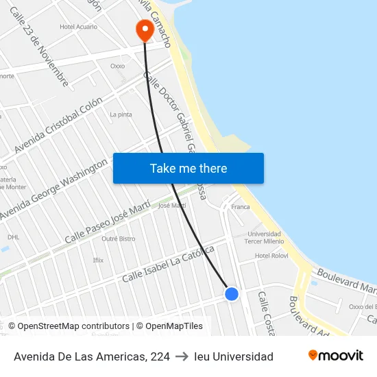 Avenida De Las Americas, 224 to Ieu Universidad map
