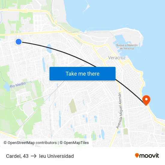 Cardel, 43 to Ieu Universidad map
