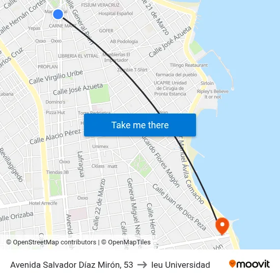 Avenida Salvador Díaz Mirón, 53 to Ieu Universidad map