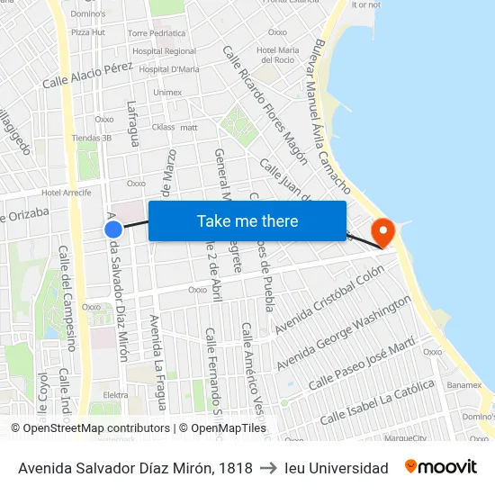 Avenida Salvador Díaz Mirón, 1818 to Ieu Universidad map