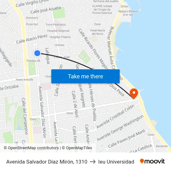 Avenida Salvador Díaz Mirón, 1310 to Ieu Universidad map